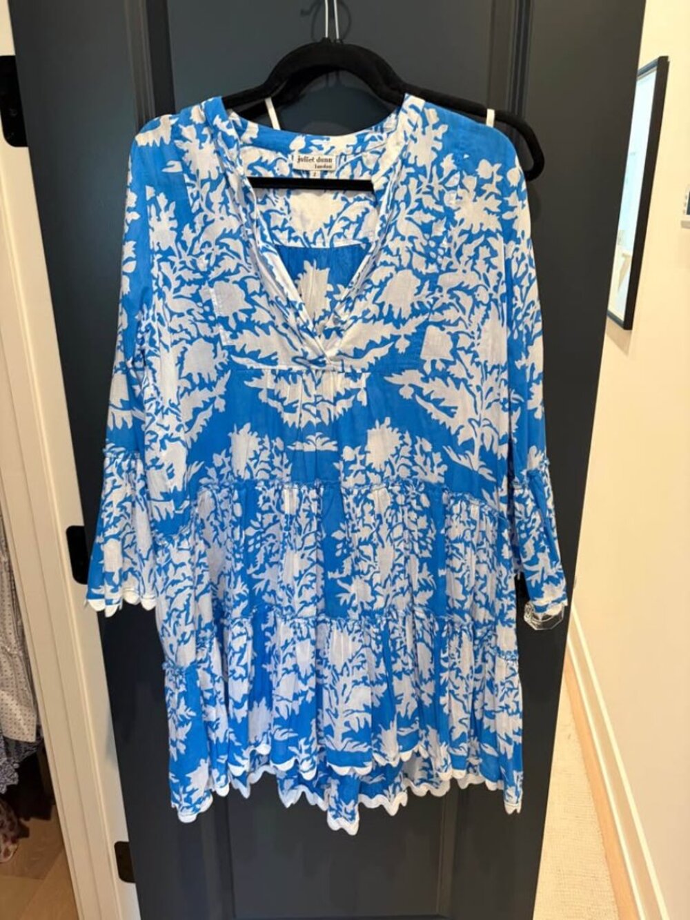 Juliet Dunn London Blue & White Block Print Dress with Slip Liner